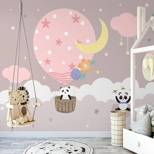 3D Wallpaper Hand Painted Pink Hot Air Balloon Panda Starry Sky Photo Wall Mural Childrens Bedroom Background Wall Painting 3 D