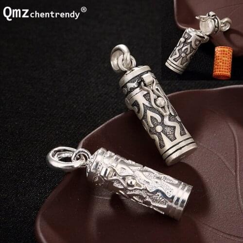 S925 Pure Sterling Silver Buddha Tube Locket Pendants Buddhist Antique Shurangama Mantra Amulets Gawu Storage Pendants Necklace