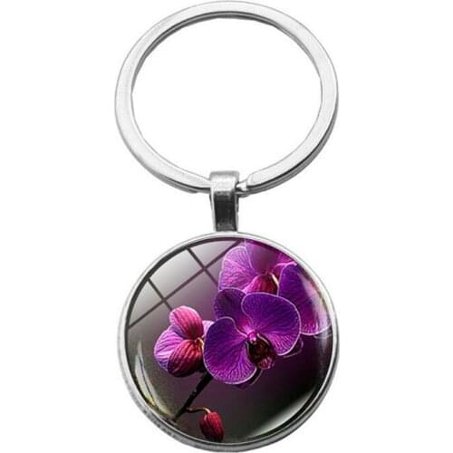 Flowers Pictures Half Round Glass Ball Pendant Keychain Phalaenopsis Rose Glass Key Metal Ring Valentines Day Birthday Gifts