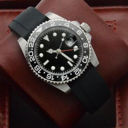 GMT Watch Automatic Winding Mens Watch Black Sterile Dial Ceramic Rotating Bezel Rubber Strap