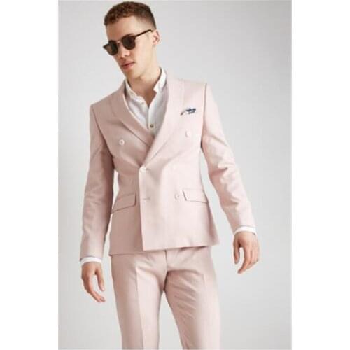 Men Suits Light Pink Peak Lapel Tailored Men Coat Pant Casual Double Breasted Men Slim Fit Suit Tuxedo Groom Blazer Wedding Suit