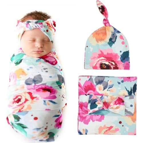 3PCS Set Infant Newborn Baby Sleeping Bag Floral/Love Heart/Geometric Patterns Print Blanket Swaddle Wrap+Headband+Hat Set