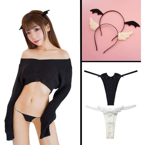 Womens Devil Angel Cute Anime Cosplay Fancy Dress Lingerie Set with Pantie and hairband Sexy costumes Japanese kawaii top set