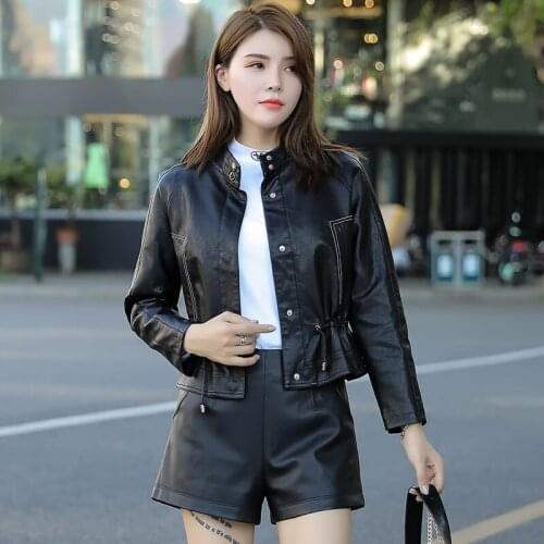 Jacket Women Spring And Autumn New Leather Short Small Stand-Up Collar Drawstring Waist Skirt Slim Slimming Top