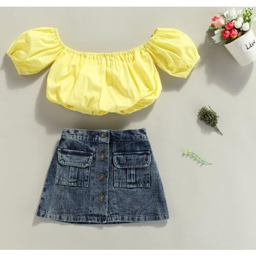 Summer Toddler Kids Girls Clothes 2PCS Outfit Short Sleeve Off Shoulder Tops + Button Denim Skirt Set