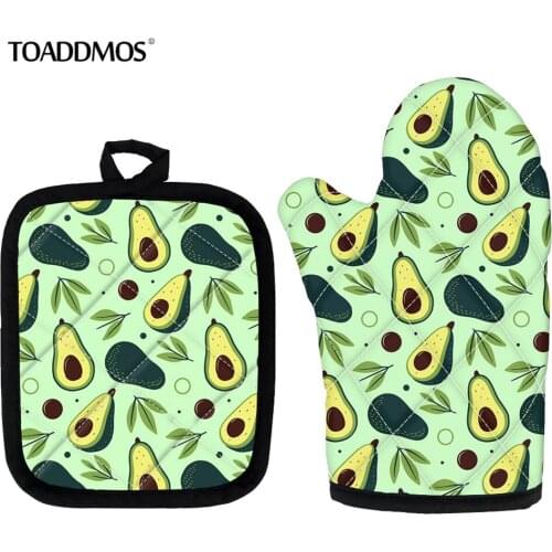 Fashion Avocado Printed Kitchen Microwave Gloves Set of 2 Insulation Pads Potholders Baking Accessories Non-Slip Home Decoration