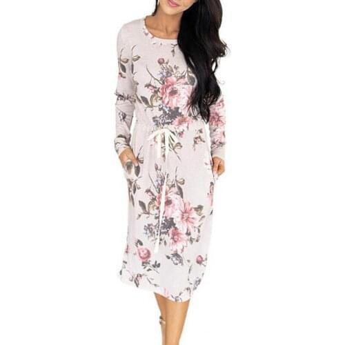 Fashion Women Dresses Knee-length O Neck Floral Printed Waist Tight Dress Outdoor Streetwear Womens Clothing 2021