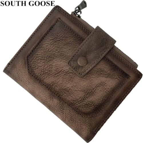 SOUTH GOOSE Genuine Leather Mens Wallets Male Vintage Trifold Wallet Business Short Wallets Coin Purses ID Credit Cards Holder