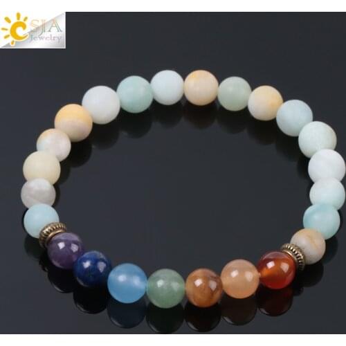 CSJA Natural Healing 7 Chakras Frosted Amazonite Friendship Women Bracelets 8mm Yoga Mala Prayer Beads Meditation Pulseras E950