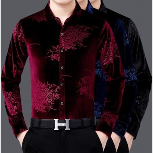 New 2020 Man Velvet Shirts Autumn Pleuche Dresses Long Sleeved Male Floral Clothes Free Shipping