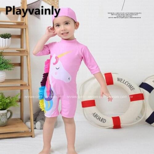 Wholesale Baby Girls Swimming Wear Unicorn pink One Piece Swimsuits with Hat Children Fashion Swimwear E71326