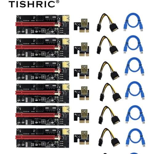 6pcs TISHRIC PCI-E Riser 009s/Card/PCIE PCI E 1x to 16x Extender USB 3.0 SATA to 6pin Adapter Cable Mining Riser For Video Card