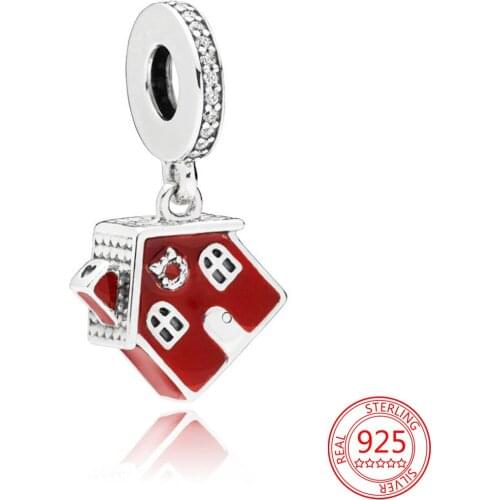Original 925 Sterling Silver Christmas Series Pendant Red Enamel Wooden House Charm Fit Pandora Bracelet Ladies Jewelry Gifts