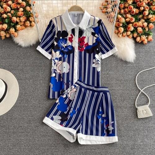 Summer Runway 2 Piece Set Women Short Sleeve Stripe Print Blouse and High Waist Shorts Suit Office Lady Casual Outfits N68736