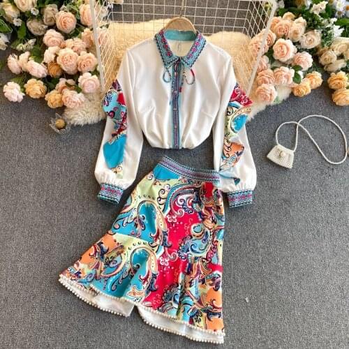 Womens Spring Summer Runway Fashion Print 2 pcs Fish Tail Dress Female Beaded Chic Travel Vintage Dress TB1594