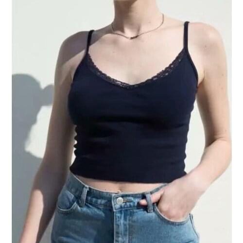 Women V-neck Lightweight Ribbed Cotton Camis Top With Spaghetti Straps And Lace Trimming Female Casual Tank Top Cropped Top