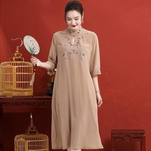 Top Quality Chinese Dress 2021 Spring Summer Vintage Party Women Hollow Out Embroidery 3/4 Sleeve Mid-Calf Qipao Dress Vestidos