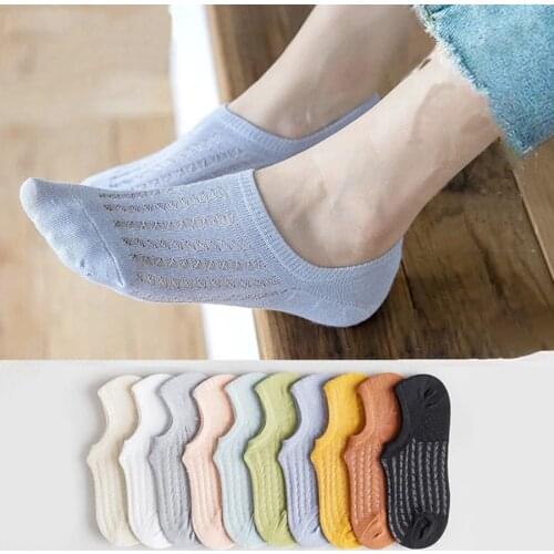 10 Pairs/Lot Cotton Women Socks Air Mesh Design Thin Breathable Non-slip Silicone 10 Solid Colors Black White Blue Low Cut Style