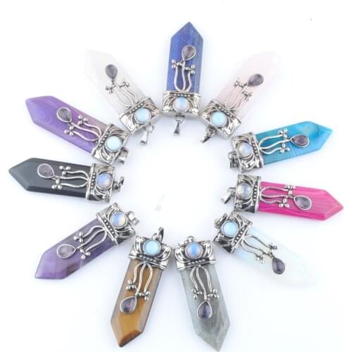 5Pcs Natural Stone Sword Shaped Necklace Taper Pendulums Pendants Healing Chakra Pink Quartz Tiger Eye Lapis Opal Jewelry QBN419