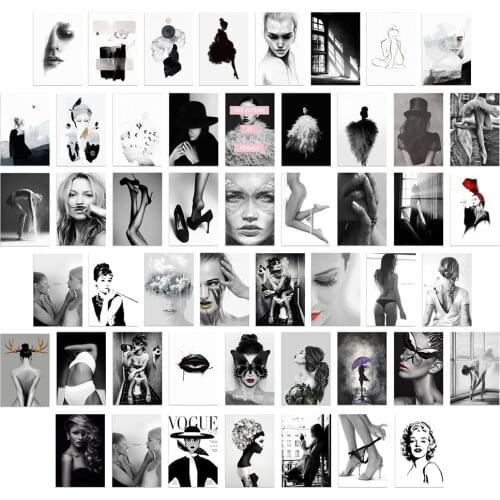 50pcs Sexy Model Photo Wall Collage Kit Black and White Vogue Postercard Fashion Woman Art Print Female Picture Trend Hoom Decor
