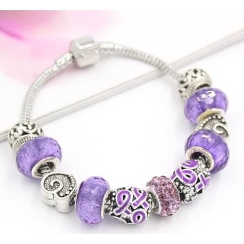 6PCS/LOT DIY European Style Pancreatic Cancer Awareness Purple Ribbon Bracelet Gift Bracelets for Women Jewelry Pulser