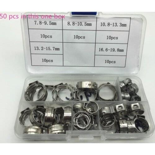 Free shipping Pipe Clamp High Quality 50 PCS Stainless Steel 304 Single Ear Hose Clamps Assortment Kit Single with box