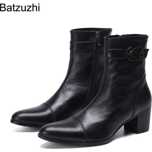 Batzuzhi 2021 Men Boots Pointed Toe Black Genuine Leather Ankle Boots Men Zip 7CM High Heels Handsome Botas Hombre Party/Wedding
