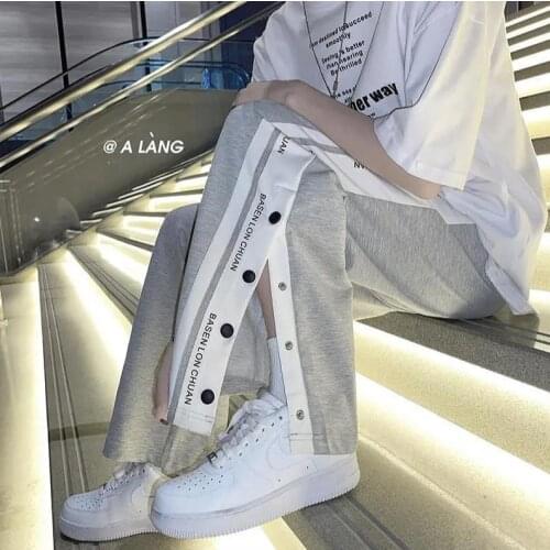 Breasted casual pants womens summer thin section tide brand ins loose straight striped sport style sports long Adjustable High