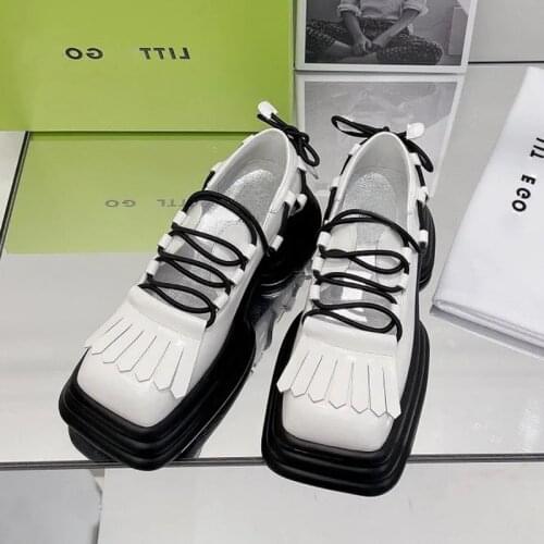 FONBERRY Brand Design Strange Heel Tassel Platform Mary Janes Shoes Women 2021 Lace up Square Toe High Heels Women Pumps