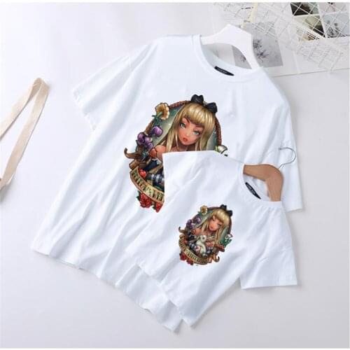 Alice In Wonderland Cute Cartoon Family Matching T Shirts Short Sleeve Casual White O-neck Women Clothes Kids Tee Shirts Tops