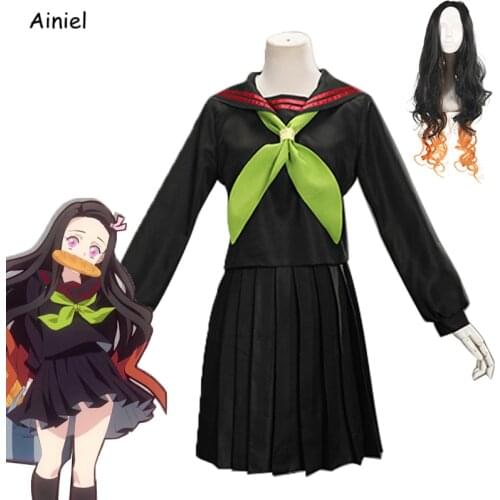 Anime Demon Slayer: Kimetsu no Yaiba Cosplay Costume Sailor Suit Kamado Nezuko Girls JK School Uniform Outfits Disfraz Women Wig