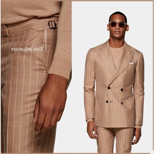 Handsome Striped Men Tuxedos Custom Made Peaked Lapel Double Breasted Blazer Party Wedding Groomsmen Business Jacket 2 Pieces