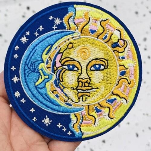 Round Sun Moon Star Patches Iron on Patches for Clothing Stripe Badge Embroidered Patches Stickers on Clothes for Kids Appliques
