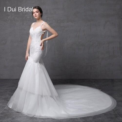 Backless Sexy Mermaid Wedding Dresses Pearl String Lace Appliqued Tulle Tiered Bridal Gown