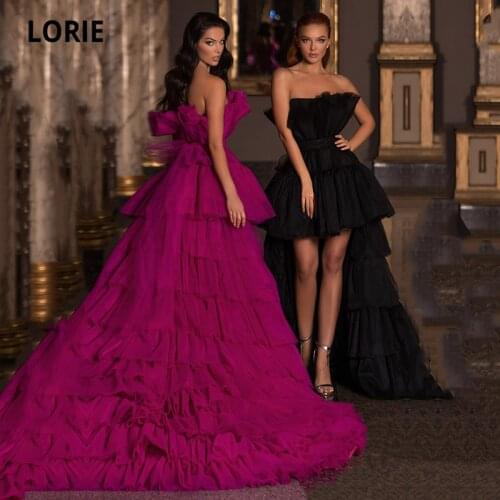 LORIE Luxury Evening Dresses with Detachable Train Strapless Pleats High Low Prom Gown Tiered Girl Party Dress for Graduation