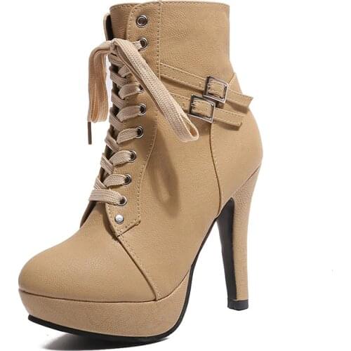 Fashion Thin Heels Shoes Women Autumn Round Toe Lace Up Ankle Buckle Chunky High Heel Platform Knight Martin Boots