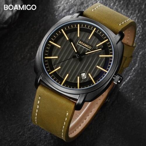Men Watch Brand BOAMIGO Sports Casual Quartz Watch Automatic Date Leather Waterproof Watch Relogio Masculino