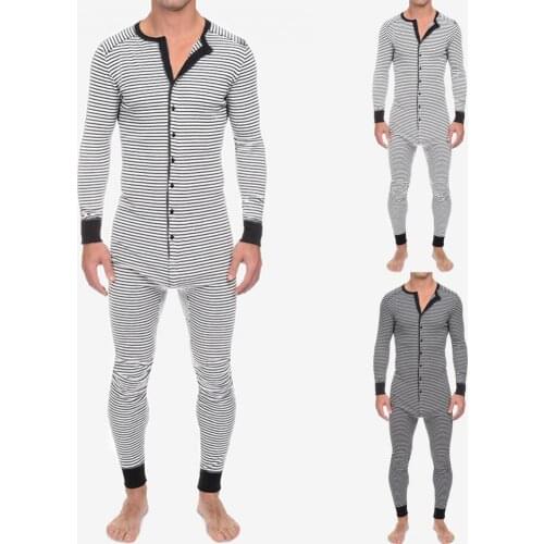 Mens Sleep Sets Skinny Striped Sleepwear Long Sleeve O Neck Buttons Romper Sleepwear Overall Mens Rompers Men Clothing Homewear