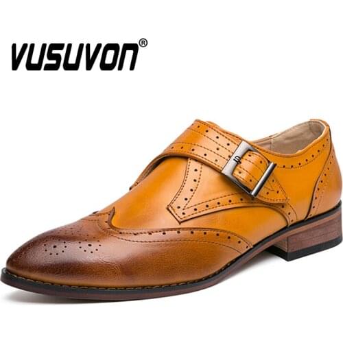 Brogue Shoes Men Loafers Slip On Mens Flats Italian Metal Buckle Wedding Dress Shoes Monk Strap Business British Leather Shoes