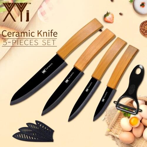 XYj 5pcs Ceramic Knife Set Bamboo Handle Black Blade Comfortable Handle Kitchen Knives Free Covers Kitchen Gadgets Accessory