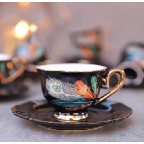 Design black feather pattern 12 pieces lux coffee cups cup set coffee cup tea cups 6 person Coffee Cups mug mugs espresso cup