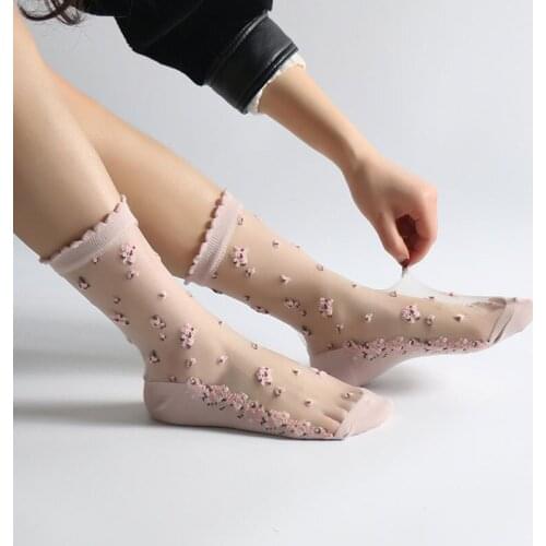 1 Pair Ultra Thin Socks Summer Women Transparent Lace Silk Crystal Rose Flower Girls Elastic Sexy Short Socks Female Sox