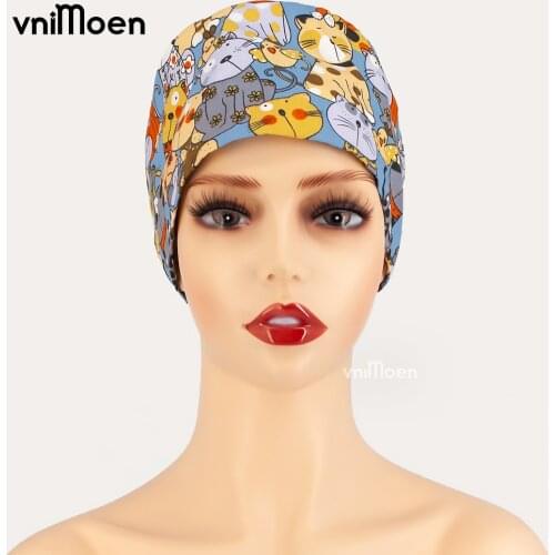 Wholesale Multicolor 100% Cotton Pet Clinic Cap Cartoon Print Scrubs Women Hats with Button Breathable Surgical Scrub Cap