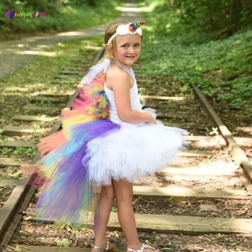 Candy Rainbow Unicorn Girls Bustle Tutu Dress Kids Pony Birthday Party Photo Halloween Costume Children Cosplay Dress