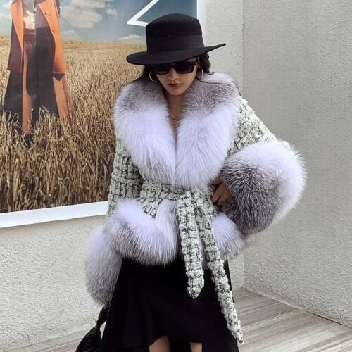 2021 Womens Real Fox Fur Coat with Belt Long Sleeve Woolen Tweed