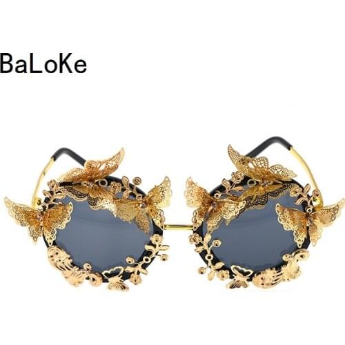 New Fashion Retro Baroque Sunglasses Women Fashion Oversize Flowers Sunglasses Metal Butterfly Outdoor Summer Beach Glass