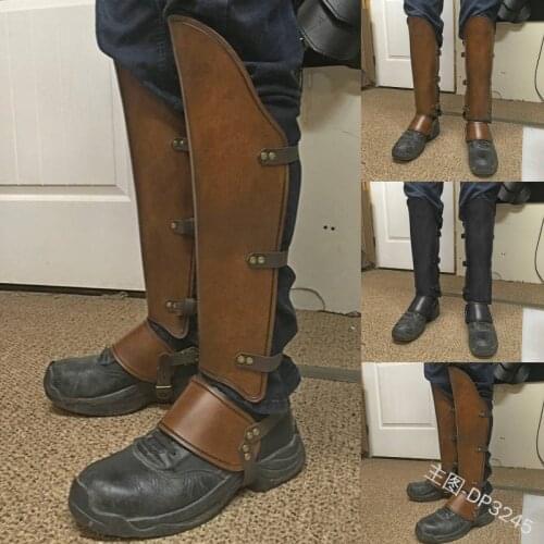 Retro Medieval Armor Cosplay Shoes Cover Buckle PU Leather Water Proof Black Brown Soldier Knights Long Boots-cover