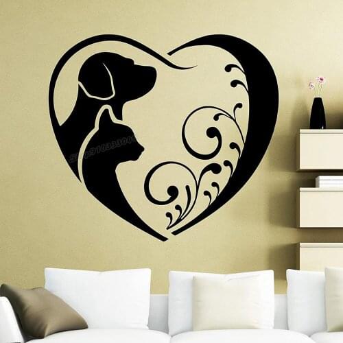 Cat and Dog Love Wall Decal Kitty Kitten Wall Sticker Pets Groomming Decor Art Home Decoration Any Room Waterproof Sticker B066