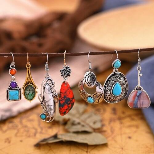 Vintage Earrings Boho Antique Natural Stone Drop Earrings Dangle Bohemia Hook Middle Ages Bohemia Jewelry for Women 2021 Trendy