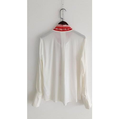 Silk High Blouse Quality 2021 Summer Red Print Bow Classic White Office Ladies Elegant Working Shirts